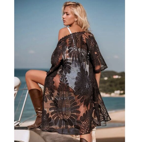 Black Kimono Boho Swim Coverup Duster Embroidered Top NEW 🖤 LAST 1 🖤 - Picture 1 of 6